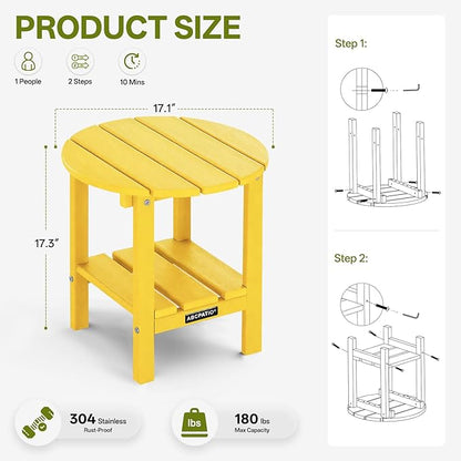 Outdoor Side Table Round - Patio Side Tables - HDPE Small Outdoor End Table for Backyard Pool Porch Balcony - Double Layer Storage - Yellow (Wood Grain Finish)