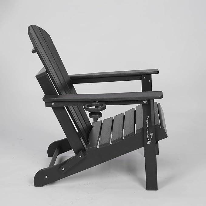 HDPE Foldable Adirondack Chair Outside with Cup Holder, Composite Outdoor Chairs with Wood Texture, Black - Photo 5