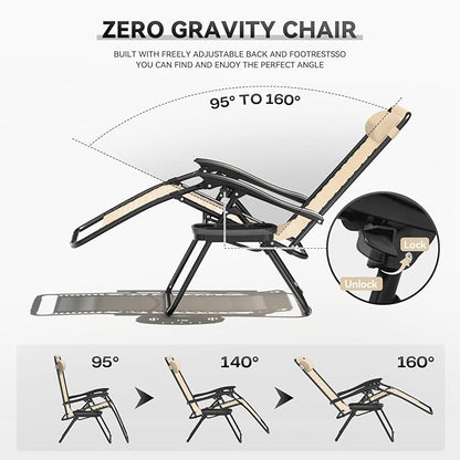 Zero Gravity Chair, Portable Outdoor Chair, Reclining Patio Lounge Chair with Adjustable Pillow and Cup Holder Trays for Outdoor, Patio, Beach, Camping, Garden, Poolside, 2 Pack, Beige