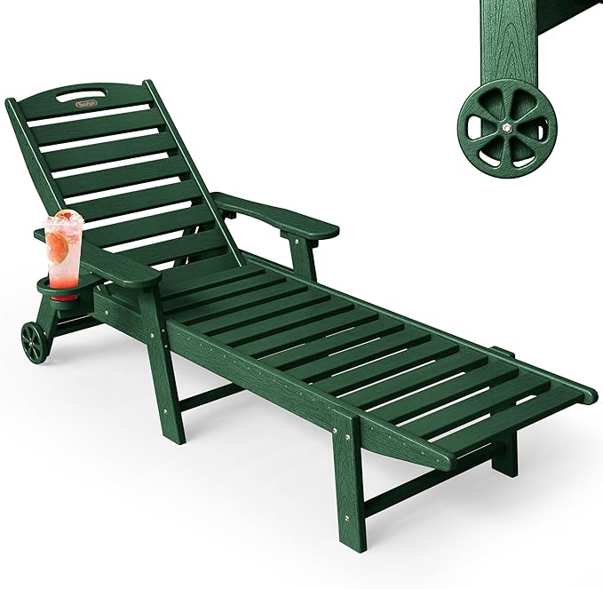 Chaise Lounge Outdoor, Lounge Chair Outdoor with Wood Texture, Adjustable 5-Position Backrest - Photo 1
