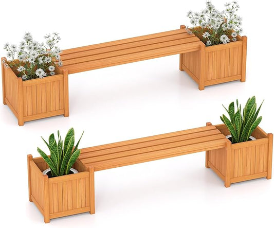 S AFSTAR 2 Pieces Outdoor Planter Bench, Wooden Planter Box with Bench, Raised Plant Container Garden Benches with Boxes for Outdoor, Patio, Yard, Deck & Balcony