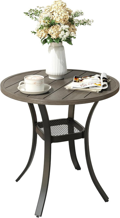 VICLLAX Round Patio Dining Table, Metal Outdoor Bistro Table with Storage Shelf for Balcony Garden Deck, 27.6" Grey