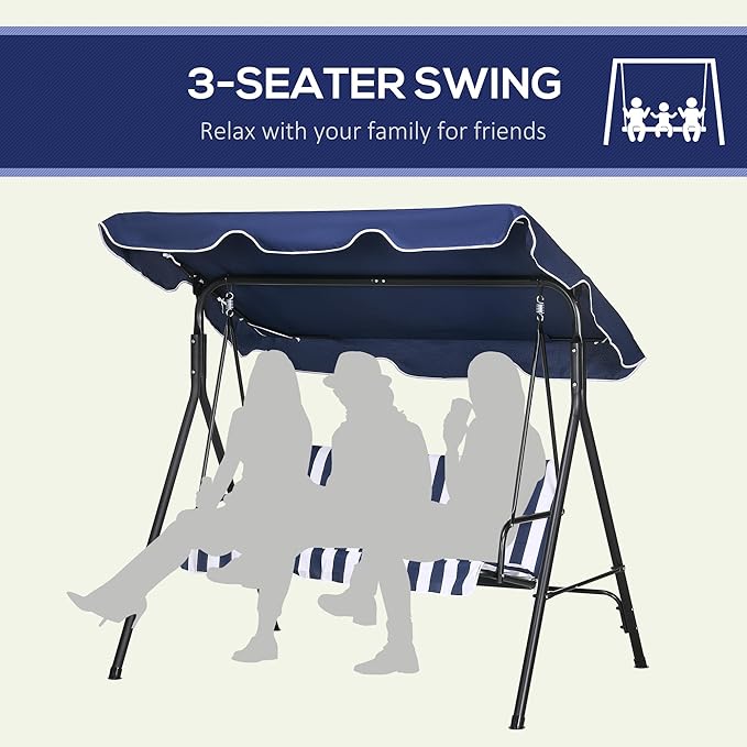 Outsunny 3-Seat Outdoor Patio Swing Chair with Removable Cushion, Steel Frame Stand and Adjustable Tilt Canopy for Patio - Photo 5