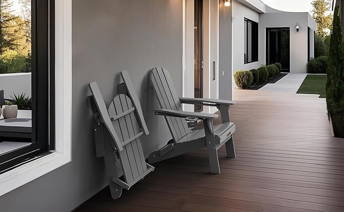 Folding Adirondack Chair Set of 4, Wooden Textured Plastic Adirondack Chairs with 2 Cup Holder, Weather Resistant HDPE Fire Pit Chair, Outdoor Patio Chairs for Garden, Backyard, Lawn, Deck, Grey