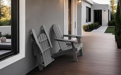 Folding Adirondack Chair Set of 6, Wooden Textured Plastic Adirondack Chairs with 2 Cup Holder, Weather Resistant HDPE Fire Pit Chair, Outdoor Patio Chairs for Garden, Backyard, Lawn, Deck, Grey