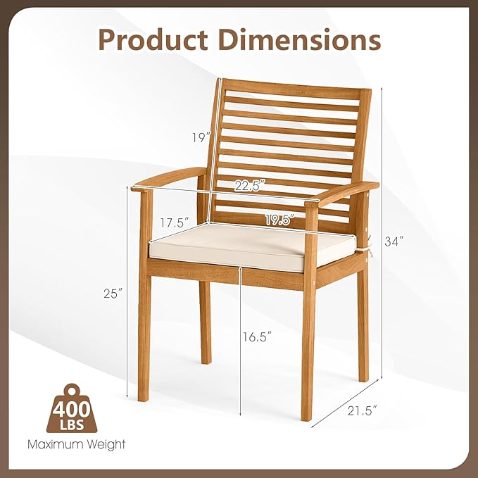 Tangkula Acacia Wood Patio Dining Chairs Set of 4, Outdoor Armchairs with Removable Padded Cushion, Slatted Backrest, 400 LBS Weight Capacity, Outside Dining Furniture for Deck, Garden, Poolside, Yard