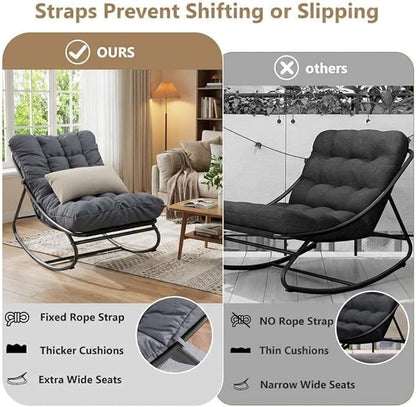 GarveeLife Outdoor Rocking Chair with Cushion, Metal Frame Patio Glider Chair with Oxford Fabric Seat, Thick Padded Lounge Rocker for Garden, Porch, Balcony & Backyard – Gray