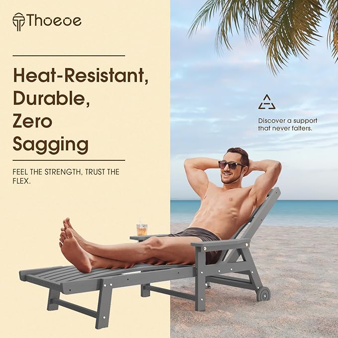 THOEOE Patio Chaise Lounge Chair Set of 4, Oversized Lounge Chair Outdoor with 5 Positions, HDPE, Patio Lounge Chair with Wheels & Cup Holder for Pool, Deck, Poolside,Grey