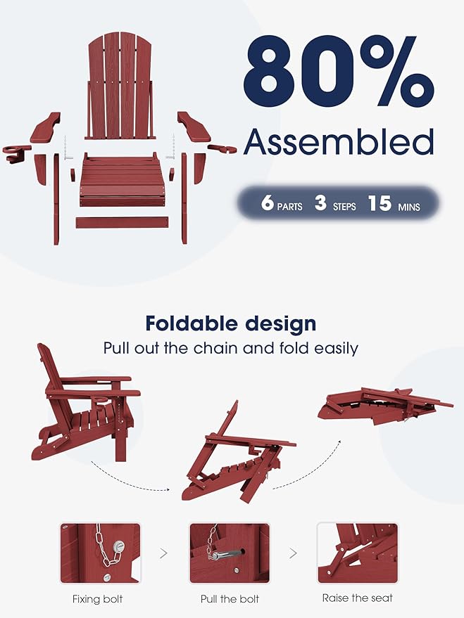KINGYES Folding Adirondack Chair with Dual Cup Holders - HDPE All-Weather Outdoor Chairs, Wood-Like Patio Chair for Backyard, Camping, Pool & Fire Pit, Dark Red