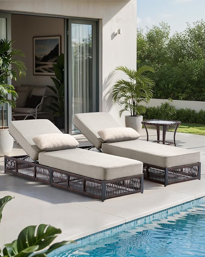 Luxury Outdoor Chaise Lounges with 5 Inch Thickened Cushions - Set of 2 High Back Brown Wicker Patio Recliners Rattan - Photo 5