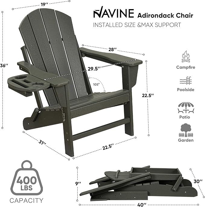 Adirondack Chair Set of 2, HDPE Folding Adirondack Chair with Multifunctional Cup Holder, Weather Resistant Fire Pit Chair for porches, patios, patios, poolsides, Decks.
