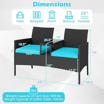 Tangkula Patio Loveseat with Built-in Table, Wicker 2-Seat Furniture with Soft Cushions & Tempered Glass Tabletop, Metal Frame Outdoor Conversation Seating Bench for Backyard, Porch