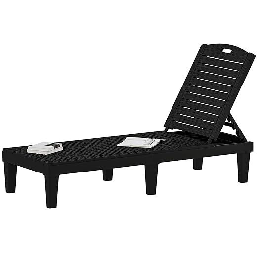 DWVO Outdoor Plastic Chaise Lounger, Poolside Lounge Chair w/5-Position Adjustable Backrest, Waterproof & Easy Setup for Patio, Poolside, Garden (Black, 1 PC)