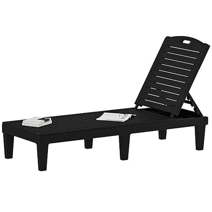 DWVO Outdoor Plastic Chaise Lounger, Poolside Lounge Chair w/5-Position Adjustable Backrest, Waterproof & Easy Setup for Patio, Poolside, Garden (Black, 1 PC)
