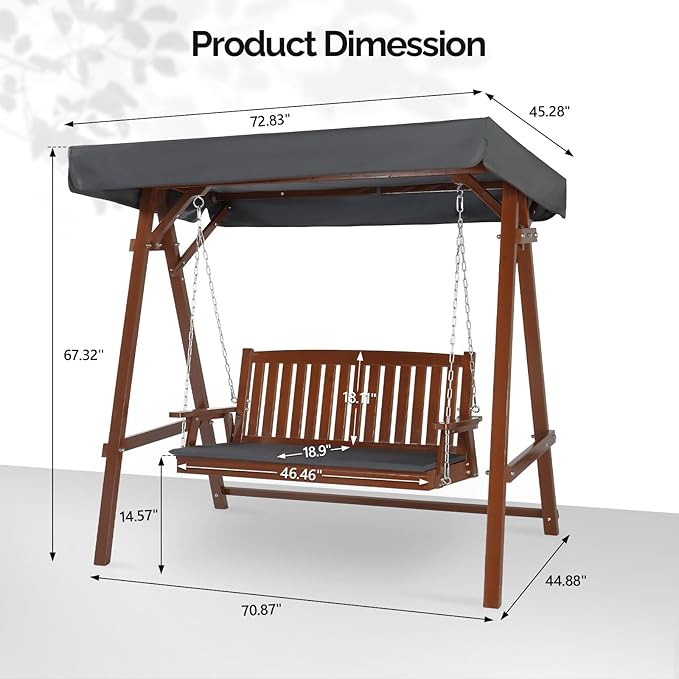 VINGLI Porch Swing with Stand, Wooden Swing & Stand with Canopy, Hanging Swing Chair with Stand for Garden, Patio and Yard (Brown)