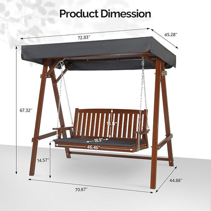 VINGLI Porch Swing with Stand, Wooden Swing & Stand with Canopy, Hanging Swing Chair with Stand for Garden, Patio and Yard (Brown)