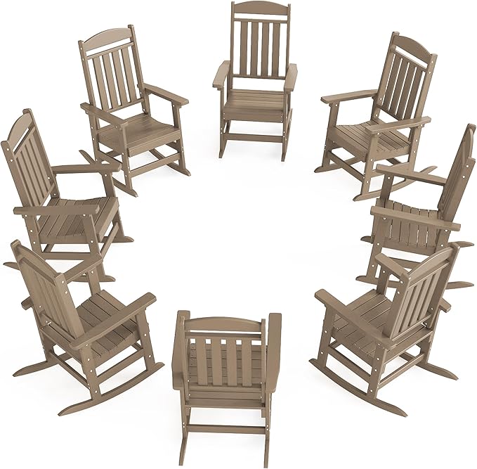 Outdoor Rocking Chairs Set of 8, Oversized High Back Patio Rocking Chairs, All Weather Porch Rocking Chairs for Outside. Brown