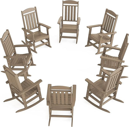 Outdoor Rocking Chairs Set of 8, Oversized High Back Patio Rocking Chairs, All Weather Porch Rocking Chairs for Outside. Brown
