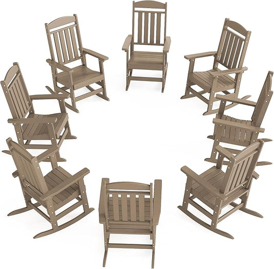 Outdoor Rocking Chairs Set of 8, Oversized High Back Patio Rocking Chairs, All Weather Porch Rocking Chairs for Outside. Brown