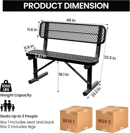 4 Feet Heavy Duty Metal Park Bench for Outside, Outdoor Bench with Backrest & Portable Frame, Commercial Benches for Shopping Malls, Stores, Parks, Patios, Decks, Black