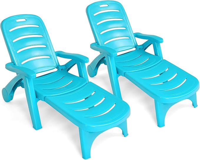 COSTWAY 2PCS Folding Chaise Lounge with Wheels, 5-Position Adjustable Recliner for Sunbathing, Seaside (Turquoise) - Photo 1