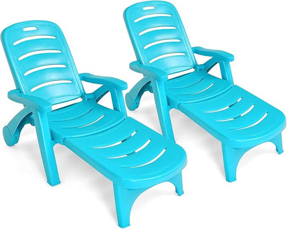 COSTWAY 2PCS Folding Chaise Lounge with Wheels, 5-Position Adjustable Recliner for Sunbathing, Seaside (Turquoise)