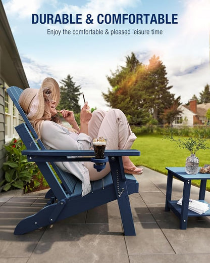 Adirondack Chair with Cup Holder: Folding Adirondack Chairs Plastic HDPE Material Furniture - Composite Fire Pit Chairs Foldable for Outdoor/Backyard/Garden/Lawn/Deck/Porch/Patio