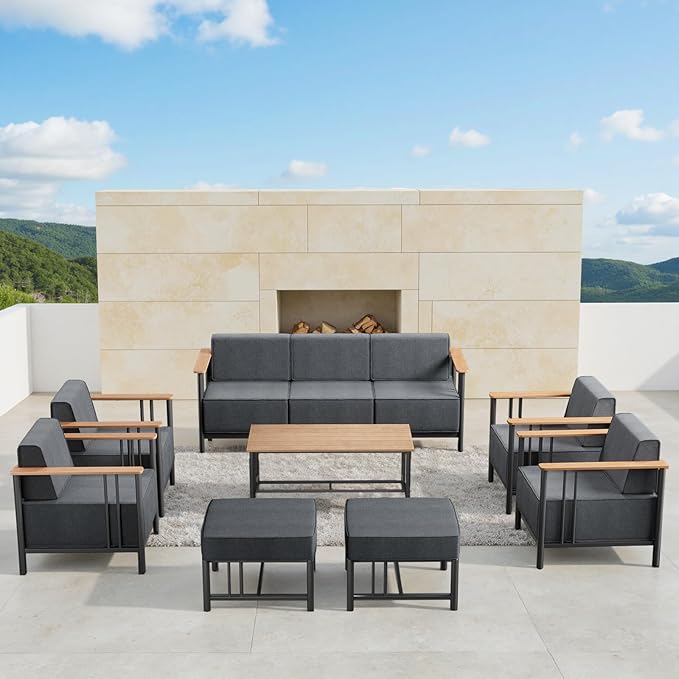 Patio Furniture Set of 8,with 10-inch Thick Cushion Outdoor Furniture Set of 8,Patio Chair Set with Sofa,Wood Grain - Photo 1