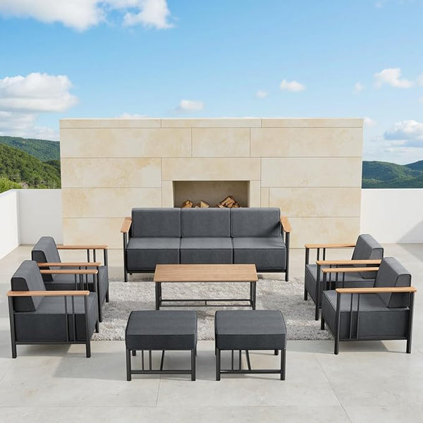 Patio Furniture Set of 8,with 10-inch Thick Cushion Outdoor Furniture Set of 8,Patio Chair Set with Sofa,Wood Grain - Photo 1