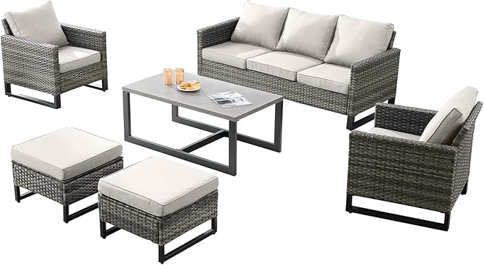 Rilyson Wicker Outdoor Patio Furniture Set - 6 Piece Patio Conversation Set with 2 Armrest Chairs, 2 Rattan Ottoman - Photo 6