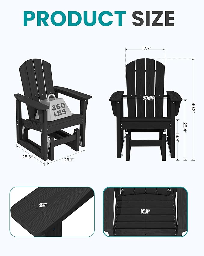 SERWALL Outdoor Glider Chair, HDPE Patio Glider Rocker All-Weather Porch Glider for Outside, Black - Photo 3