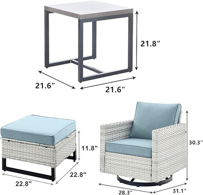 Wicker Outdoor Patio Furniture Set - 5 Piece Patio Conversation Set with 2 Swivel Rocker Chairs,2 Rattan Ottoman and 1 Metal Side Table for Outside Porch Deck Backyard Garden(Light Grey/Sky Blue)