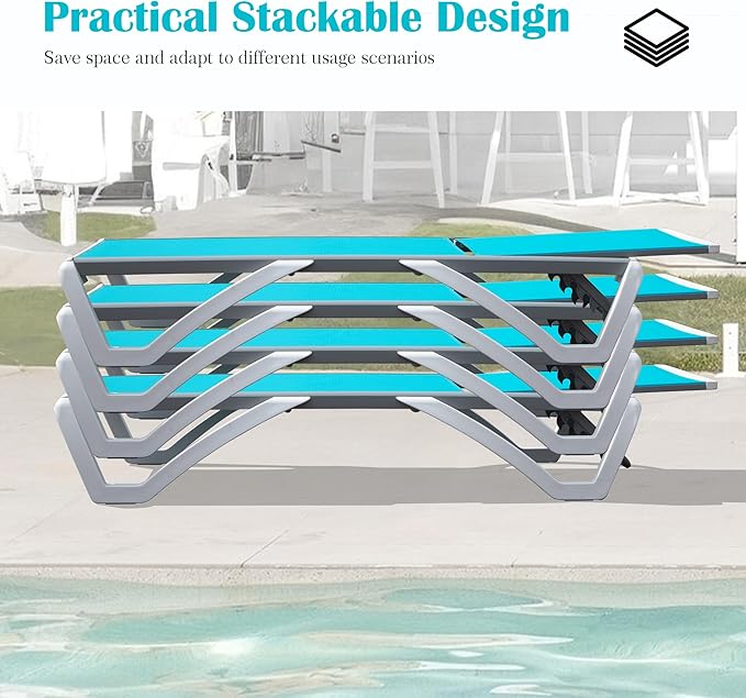 Domi Outdoor Lounge Chair, Aluminum Patio Chaise Lounge with 5 Position Adjustable Backrest and Wheels, All Weather Reclining Chair for Patio, Yard, Balcony, Poolside (Lake Blue)