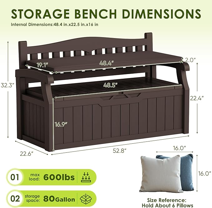 Greesum 80 Gallon Heavy-Duty Outdoor Storage Bench with Cushion, UV-Resistant Resin Bench with Armrest, Deck Box for Garden, Poolside, Patio, Dark Brown