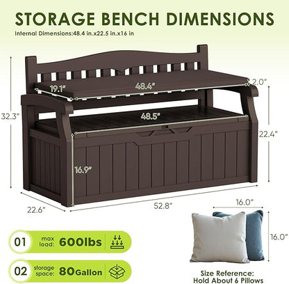 Greesum 80 Gallon Heavy-Duty Outdoor Storage Bench with Cushion, UV-Resistant Resin Bench with Armrest, Deck Box for Garden, Poolside, Patio, Dark Brown
