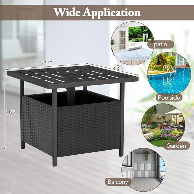 Giantex Outdoor Side Table with Umbrella Hole, 22" Wicker Umbrella Stand Holder and Base, Weather-Resistant PE Rattan Patio End Table for Deck Garden Poolside (Metal Tabletop, Black)