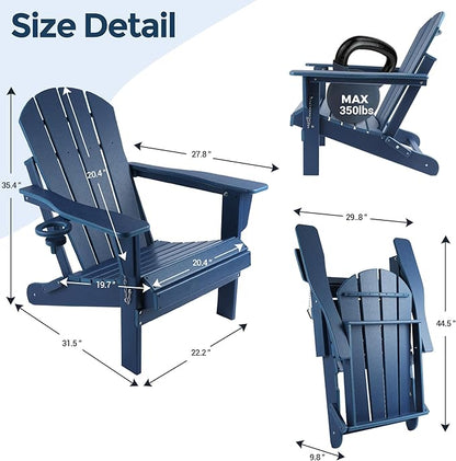 Magpie Fabrics Foldable Adirondack Chair with Cup Holder, HDPE Weather Resistant Oversize Outdoor Chair, Widely Used in Patio, Fire Pit, Deck, Porch, Garden, Campfire (Navy Blue)