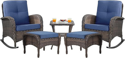 Belord Patio Rocking Chairs Furniture Set - 5 Piece Outdoor Wicker Furniture Sets with Ottomans, Small Patio Conversation Sets with Wicker Rocking Chairs Brown/Blue