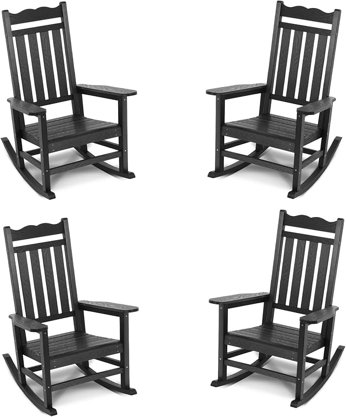 Stoog Outdoor Rocking Chairs Set of 4, All-Weather Porch Rocker with 400 lbs Weight Capacity, Never Fade or Rot, for Backyard, Lawn, and Garden, Black
