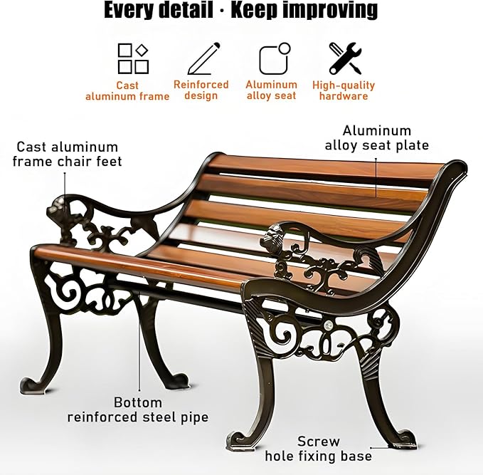 YVYKFZD Outdoor Garden Bench, Metal Bench with Backrest and Armrests, Park Benches Loveseat, Weatherproof Leisure Chair, for Lawn, Yard, Porch, Pool, Balcony, Easy Assembly(Walnut,120cm/47.2" Zinc All
