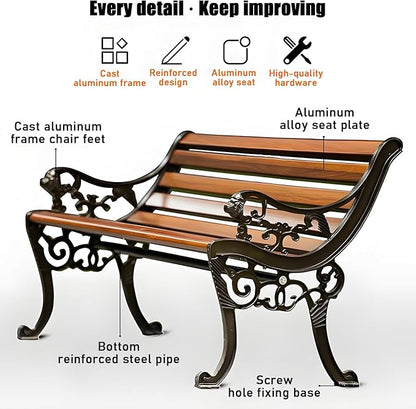 YVYKFZD Outdoor Garden Bench, Metal Bench with Backrest and Armrests, Park Benches Loveseat, Weatherproof Leisure Chair, for Lawn, Yard, Porch, Pool, Balcony, Easy Assembly(Walnut,120cm Aluminum Alloy