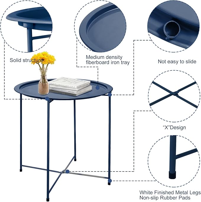 Garden 4 you End Table Metal Side Table Blue Round Folding Tray Cyan Sofa Small Accent Fold-able Table - Photo 5