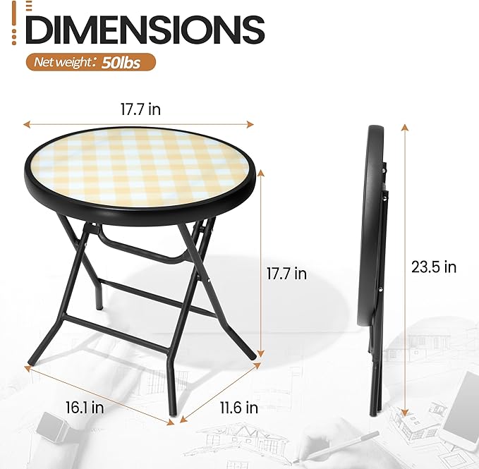 Foldable Side Table with Tempered Glass Top 18" Outdoor Folding Side Tables Small Glass Patio Table for Porch Yard Balcony Deck Lawn Dining Garden (Yellow)