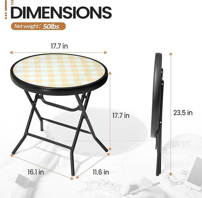 Foldable Side Table with Tempered Glass Top 18" Outdoor Folding Side Tables Small Glass Patio Table for Porch Yard Balcony Deck Lawn Dining Garden (Yellow)