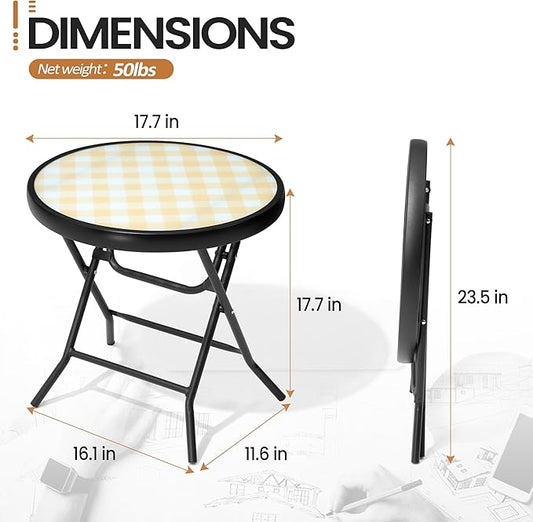 Foldable Side Table with Tempered Glass Top 18" Outdoor Folding Side Tables Small Glass Patio Table for Porch Yard Balcony Deck Lawn Dining Garden (Yellow)