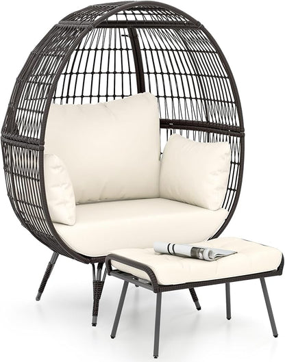 Tangkula Oversized Wicker Egg Chair with Ottoman, Patio Lounge Basket with 5 Soft Cushions, Stable Metal Frame, Gorgeous Indoor Outdoor Lounge Chair, Ideal for Living Room, Backyard, 450 LBS Max Load