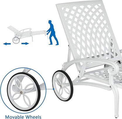 Outvita Lounge Chairs for Outside, Patio Cast Aluminum Recliner with Adjustable Back and Rolling Wheels for Backyard Porch Pool Balcony Deck (White)
