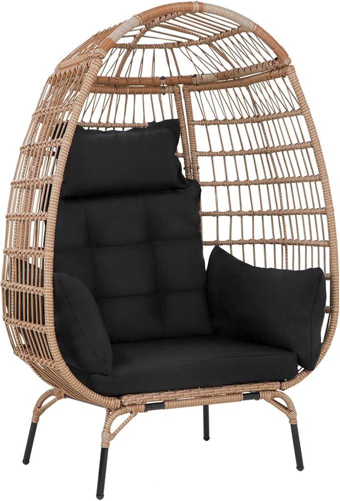 PayLessHere Egg Chair Egg Basket Rattan Chair Steel Frame Oversized Indoor Outdoor Lounger Simple Installation with 4 Comfort Cushion and Stand,352lb Capacity for Patio Garden Living Room，Black