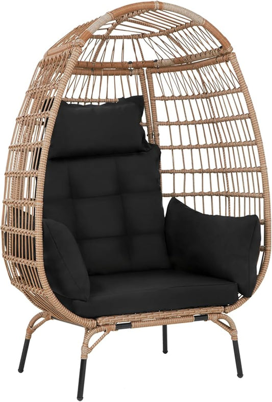 PayLessHere Egg Chair Egg Basket Rattan Chair Steel Frame Oversized Indoor Outdoor Lounger Simple Installation with 4 Comfort Cushion and Stand,352lb Capacity for Patio Garden Living Room，Black