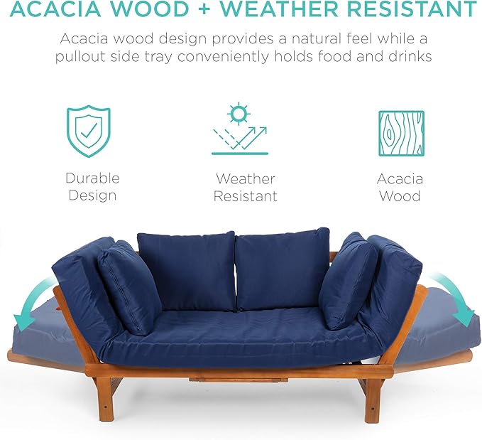 Best Choice Products Outdoor Convertible Acacia Wood Futon Sofa Furniture for Patio, Balcony, Poolside - Photo 4